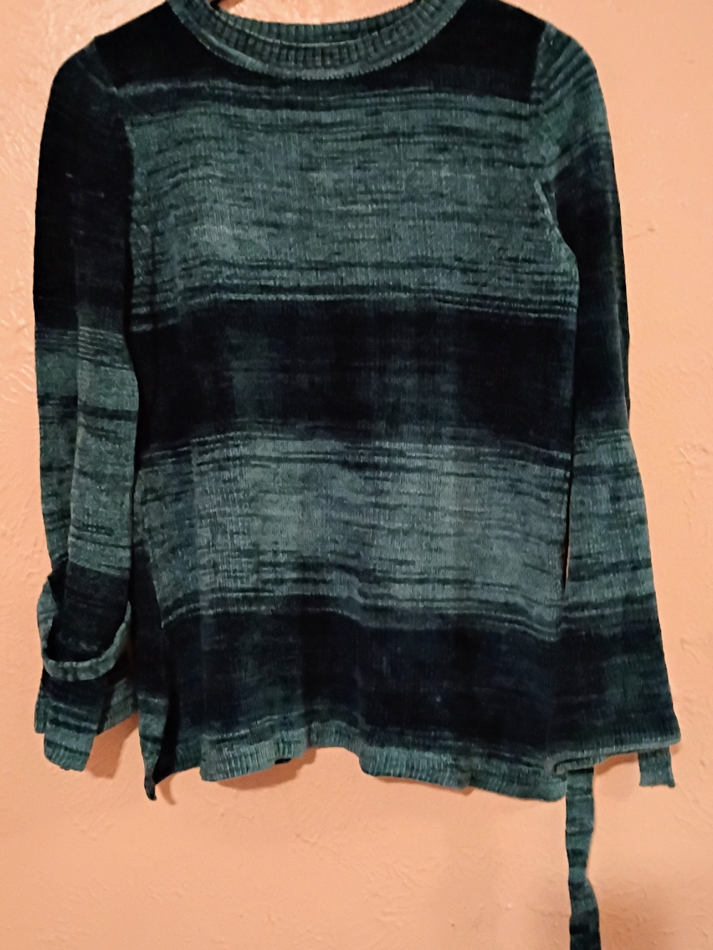 St. John's Bay Teal and Dark Green Striped Knit Tie-Sleeve Top